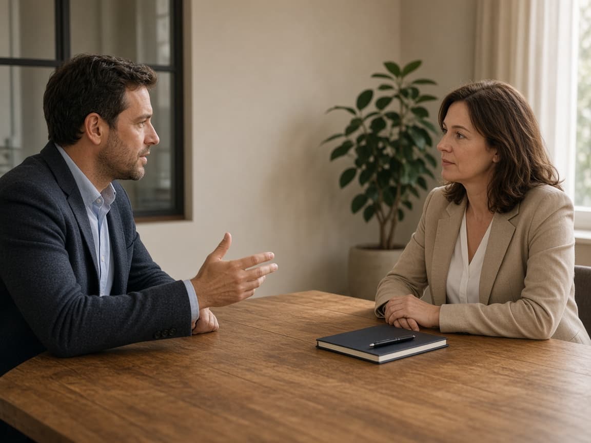 Two people talking through a client plan in a quiet meeting room