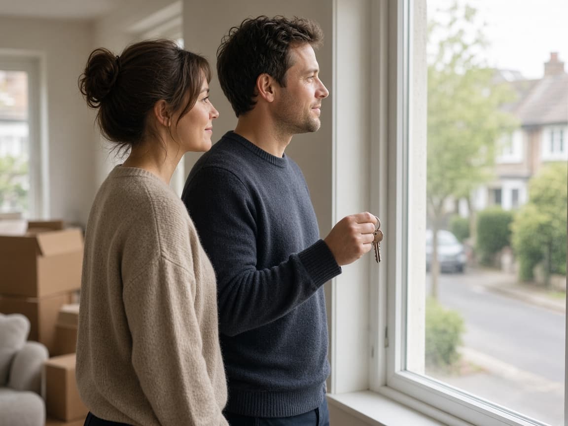A couple with house keys in the living room of their new home