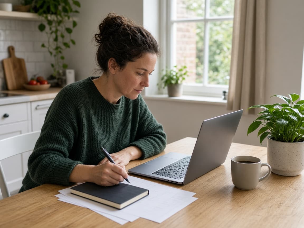 A self-employed person working through paperwork at a kitchen table